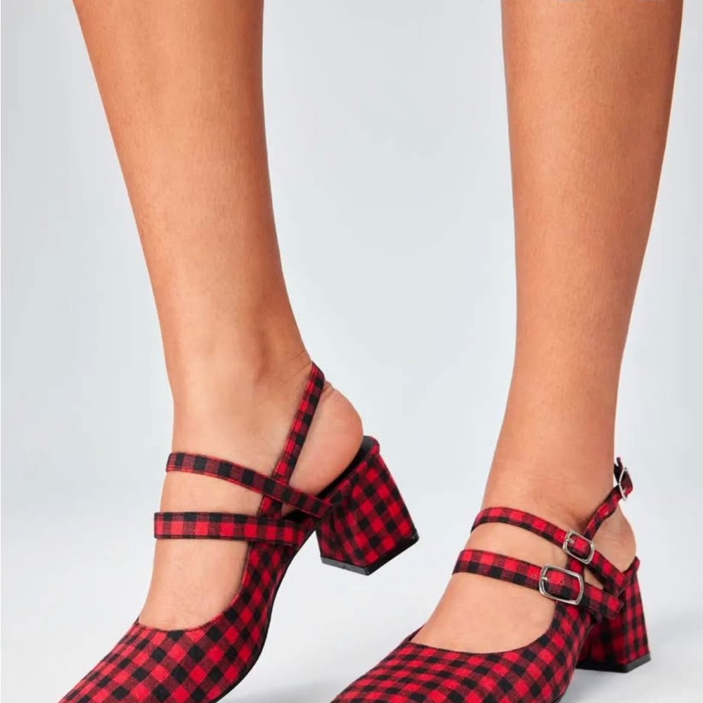 Red and Black Checkered Block Heel Shoes brand new